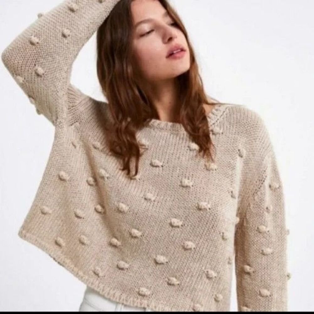Zara Pom Pom Cropped Beige Linen Blend Open Knit Oversized Sweater Size S